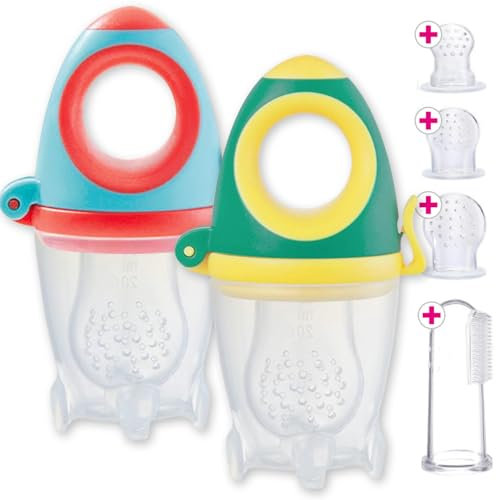 BABY HERO® 2x Fruchtsauger RAKETE für Baby & Kleinkind + 6 Ersatz-Sauger aus Silikon in 3 Größen + Baby-Zahnbürste | Hygienisch, Sicher & BPA-frei | für Obst, Gemüse, Brei Beikost & Co.