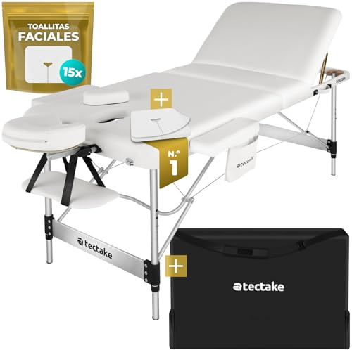 tectake® Massageliege 3 Zonen, Massagetisch, Massageliege klappbar, höhenverstellbare Aluminium Massageliege, Massagebett tragbar inkl. Zubehör, Kopfstütze, Armlehne, Tragetasche - weiß