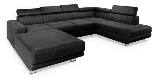 Masseno Ecksofa Siena R-S mit Schlaffunktion U-Form, Sofa mit Bettkasten, Wohnzimmersofa, Couch, Soffa, Bettsofa, Couchgarnitur- Schwarz, Monolith 95