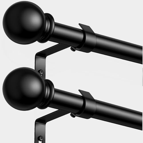 2 Pack Curtain Poles 87-126cm,Black Curtain Pole for Eyelet Curtains,16mm Curtain Rod with Round Finials,Extendable Metal Curtain Poles Includes Brackets & Fittings Set