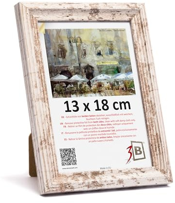 3-B Bilderrahmen MORI - Vintage-Weiß (Rustical mit sichtbarer Holzmaserung) - 13x18 - Holzrahmen, Fotorahmen, Portraitrahmen mit Acrylglas