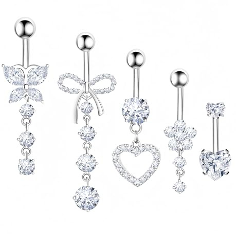 5PCS Belly Button Piercing Women's Belly Button Bars Jewelry Set, Silver Belly Bars Sterling Silver Pendant Material, Flower and Butterfly Pendant Combination, Women's Belly Bar Jewelry