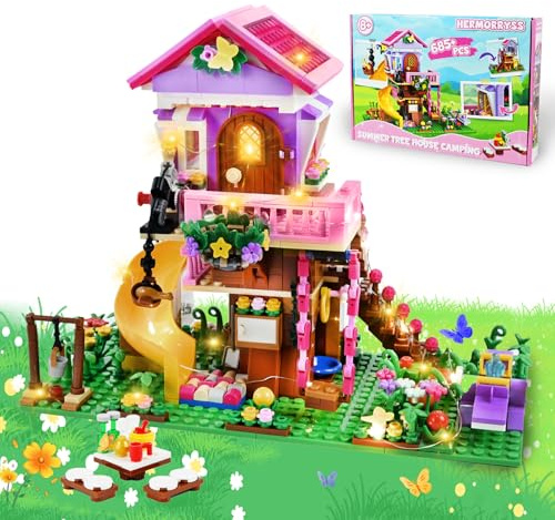 HERMORRYSS Jouets de Construction de cabane dans Les Arbres, Bloc de Construction Maison avec Lumière LED, Ensemble de Construction de Maison à 3 étages Cadeaux de Noël pour Enfants Filles garçons
