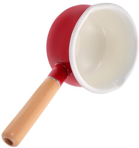 Warmhm Pentolino Smaltato Rosso Con Doppio Beccuccio Manico in Legno Ergonomico Piccolo Tegame Antiaderente Per Latte Salse Cottura Food e Zuppe Rapide