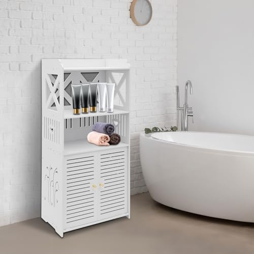 Babeenoo Estantería de almacenamiento para baño de 4 niveles, armario de baño pequeño con puertas y estantes, armario auxiliar independiente para salón, cocina, pasillo 40 × 25 × 90 cm