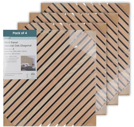 Keypak Diagonal Wood Wall Panel Square, 4 Pack, 60x60cm, 3D Accoustic Wooden Slatted, Light Oak