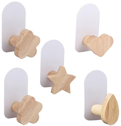 MORETATA 5Pcs Self-Adhesive Kids Coat Hooks, Cute Towel Hooks Wooden Sticky Clothes Hook, Wall Mounted Children's Coat Hooks for Towel, Clothes,Backpacks and Hats(Wood Color)