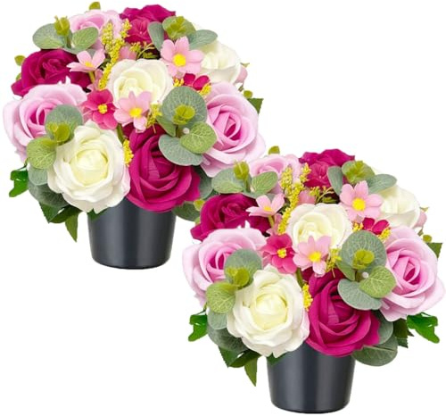 Tosoda 2 Pack Artificial Grave Flowers in Pots Artificial Roses Arrangements for Cemetery Blue Red Purple Pink Roses Arrangements for Choose (Pink)