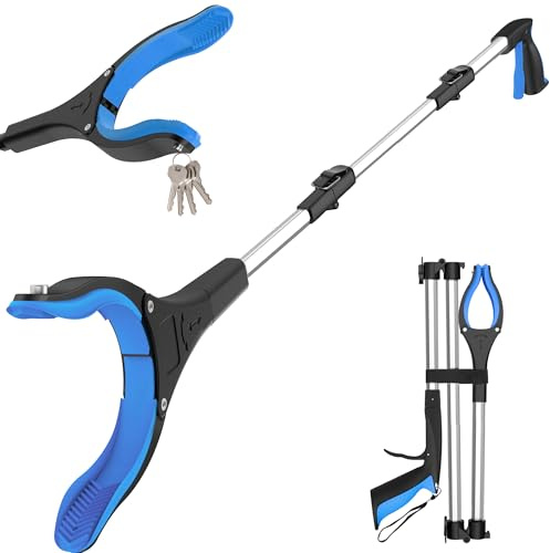 109 cm (43 tum) hopfällbara sandplockare, extra långt greppstift verktyg, lätt sophämtning, plockare övre starkt magnetiskt grepp, handgrepp för vuxna, funktionshindrade och äldre (blåsilver)