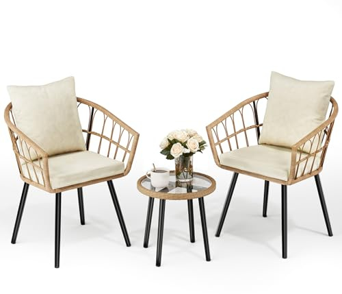 Pamapic Conjunto de Jardin Exterior, Muebles de Jardin de Ratan PE 3 Piezas, Mesa de Vidrio Templado, 2 Sillas & Cojines Extraíbles, Mesa y Sillas de Terraza para Jardin, Balcón, Patio, Beige