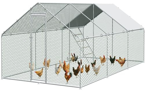 Hühnerstall mit Leiter, 3 x 6 x 2 Meter, Verzinkter Stahl, Freilaufgehege Tiergehege für Hühner Hasen, Kleintiergehege mit Obere Stützstange, Sonnenschutzdach und Tür für Hühner Ente Kleintiere