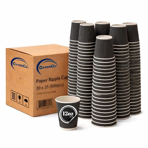 CaterCo 12oz Black Ripple Wall Coffee Cups - 100 Pack Triple Insulated Cups for Hot Drinks, Tea - Recyclable, Black Paper Cups for Cafes, Takeaway, Office, Events - 12oz / 340ml - 100 Pack