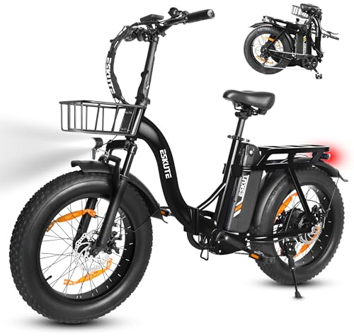 ESKUTE E-Bike D202 PRO, 20×4 Zoll faltbares Fatbike, 48V 20,8Ah Akku, bis 100 km Reichweite, 250W Motor, 7-Gang Schaltung, für Herren & Damen, Gelände, Strand & Schnee