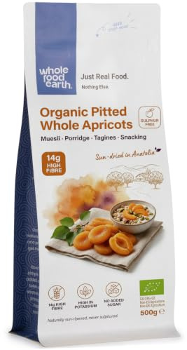 Wholefood Earth - Albicocche intere denocciolate biologiche, 500 g, senza OGM, vegane, ad alto contenuto di fibre, certificate biologiche