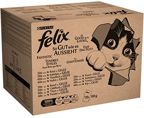 Felix Katzennassfutter in Gelee mit Rind, Huhn, Kabeljau und Thunfisch, 120 x 100 g
