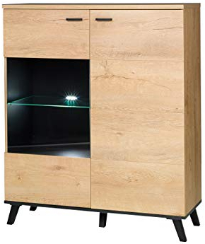 Kommode John JN04 mit 2 Türen, Praktischer Mehrzweckschrank, Highboard Schrank, Sideboard, hohe Kommode, viel Stauraum Wohnzimmer Anrichte (Eiche Lefkas/Schwarz, mit weißer LED-Beleuchtung)