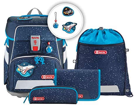 Step by Step Schulranzen-Set Space „Sky Rocket Rico“ 5-teilig, blau-schwarz, Weltraum-Design, ergonomischer Tornister mit Reflektoren, höhenverstellbar mit Hüftgurt für Jungen 1. Klasse, 20L