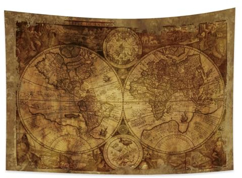 YONGFOTO Alte Weltkarte Wandteppich Groß Antike Landkarte Weltkarte Gefleckt Wandbehang Alte Jahrhundert Entdeckung Historische Decke für Wohnzimmer Wohnheimdeko Sofa Teppich, 150x100cm