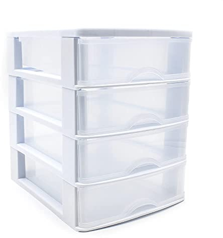 CABLEPELADO Torre de Almacenamiento con 4 cajones, Cajonera de plástico, Torre de almacenaje, Organizador de escritorio, 23 cm alto x 17.5 cm ancho x 21.5 cm fondo, Apto para escritorio, Blanco