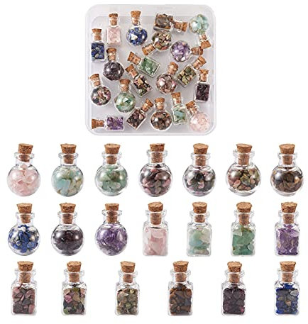 Beadthoven 20pcs Mini Gemstone Wishing Bottles Natural Crystal Quartz Chakra Reiki Crushed Chips Stone Set for Healing Balancing Chakra Wicca Wish Jewelry Making, 2 Styles