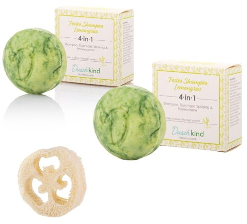 Duschkind Shampoo resistente alla citronella con olio di macadamia, gel doccia solido, cosmetico naturale, formula vegana adatta per ogni capello, 2 pezzi fatti a mano e disco di aerea al 100% senza
