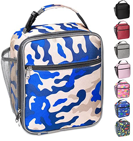 Apuucse Portable Insulated Lunch Bag with Side Mesh Pocket for Adults/Kids/Men/Women,Water-Resistant Leakproof Soft Cooler Bag Durable Thermal Lunch Box for Work/School/Picnic/Outdoor(Camo Blue)