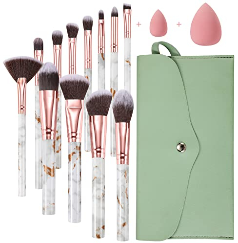 Make up Pinsel Set Start Makers 12 Stück Pinselset Makeup Rosa Marmor Gesicht Pinselset mit Concealer Foundation Lidschatten Pinsel Beauty Blender und Make up Tasche (Gold)