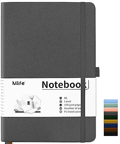 Mlife Notizbuch liniert A5,Journal Buch mit 200 Seiten,Premium 100gsm Tintenfestes Papie Dickes,PU Hard Cover Notebook,Innentasche,Elastisch Gebändert,bullet journal & Notizblock Hardcover(Grey)