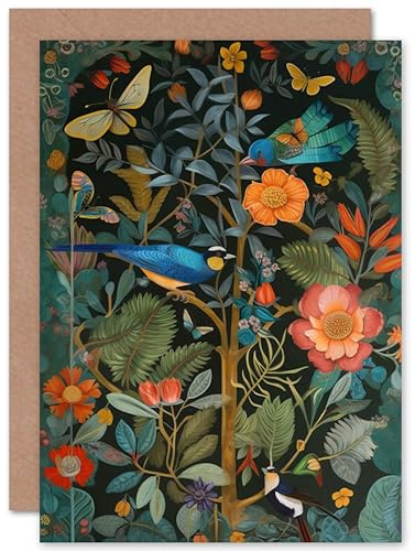 Artery8 Birds and Butterflies Modern Flower Art Nouveau Nature Birthday Sealed Greeting Card Plus Envelope Blank inside