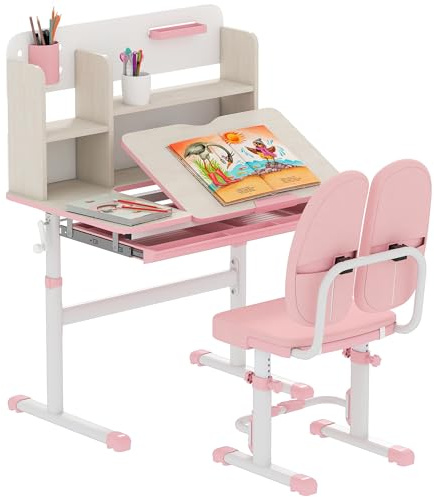 HOMCOM Kids Desk and Chair Set Height Adjustable for Ages 3-12 Years Pink