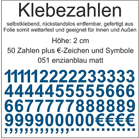 Aufkleber Sticker Klebezahlen Klebezahl Zahlen Zahl Nummern aus Folie 50 Zahlen blau enzianblau matt Höhe 2 cm selbstklebend wetterfest Nummerierung Preisauszeichnung Beschriftung Modellbau verzieren