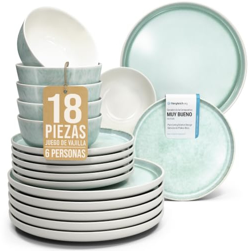 18 piece Dinner Sets for 6 People - Beautiful Mediterranean Style Stoneware Dinner Set for 6 - Dishwasher & Microwave Safe Plates and Bowls Set for 6 - Dinnerware Sets by Pure Living in Turquoise