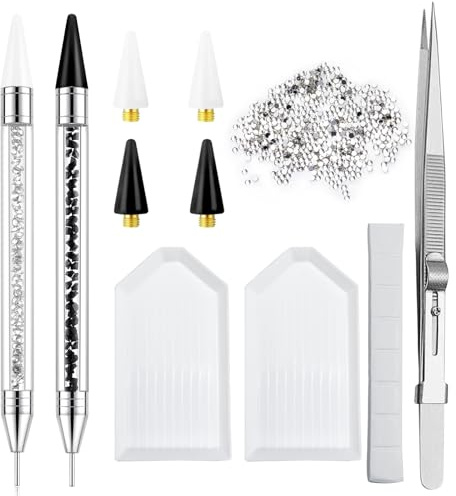 LIGHT RAIN Rhinestone Picker Tool - 2pcs Dual-head Bedazzling Pen with 4 Wax Tips, 8pcs Clay, Adjustable Precision Tweezers, 1400pcs Rhinestones and 2pcs Organizer Tray Kit for Nail Art