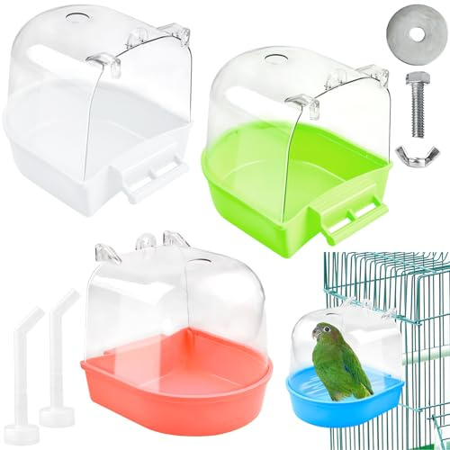 Supkiir 4Pcs Clear Bird Bath for Cage, Parakeet Bath Cage Accessories with Water Injectors, Hanging Bird Bath Box Parrot Bird Bathing Tub for Small Birds Cockatiel Conure Canary Budgies