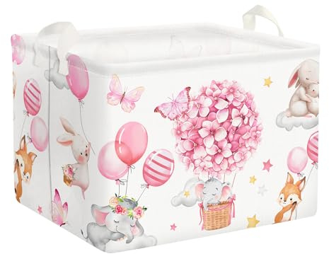 Clastyle Hot Air Balloon Flower Animal Toy Box Storage for Girls Room Elephant Rabbit Fox Rectangle Clothes Books Pink Storage Basket, Balloon Animal, 40x30x30 cm