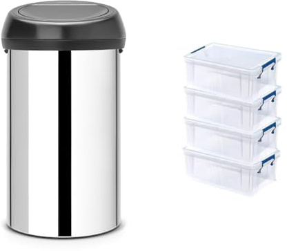 Brabantia 60 Litre Large Kitchen Touch Bin (Brilliant Steel/Matt Black Lid) Removable Lid & Really Useful Plastic Nestable Storage Box 83 Litre Clear (Pack of 3)