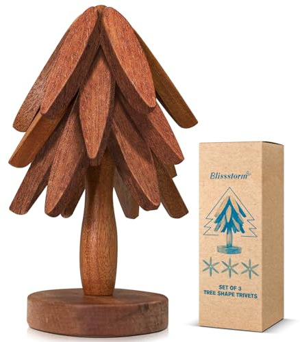 New Set of 3 Kitchen Table Decor Foldable Wooden Trivets for Hot Pots and Pans,Tree Shape Trivets