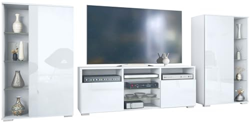Vladon Wohnwand Davos, Anbauwand bestehend aus 2 Vitrinen und 1 TV-Board, Weiß matt/Weiß Hochglanz (329 x 134 x 35 cm)