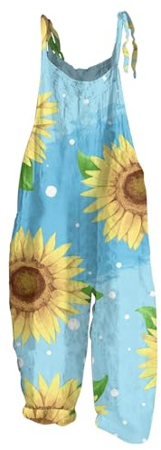 RMBLYfeiye Jumpsuit Damen Lang Musterdruck Ärmelloser Trägerhose Mit Taschen V-Ausschnitt Spaghetti Garten Latzhose Oversized Bibs Overall Rückenfrei Casual Strampler Racerback Harem Basic Playsuit