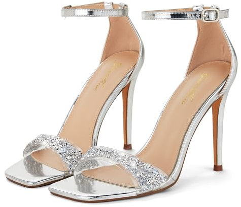 GENSHUO Elegante Damen-Abendsandalen, 10 cm Absatzhöhe, mit funkelnden Strasssteinen verziert, Silber, 39 EU