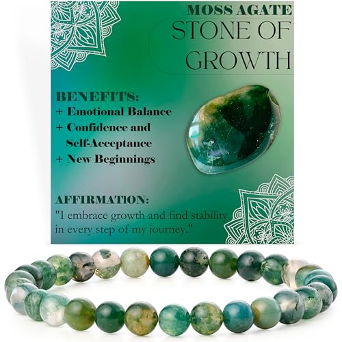 Bivei Perlenarmband für Frauen 6mm Semi Precious Natural Stone Stretch elastischen Schmuck Yoga Geschenke(Moosachat - Wachstum)