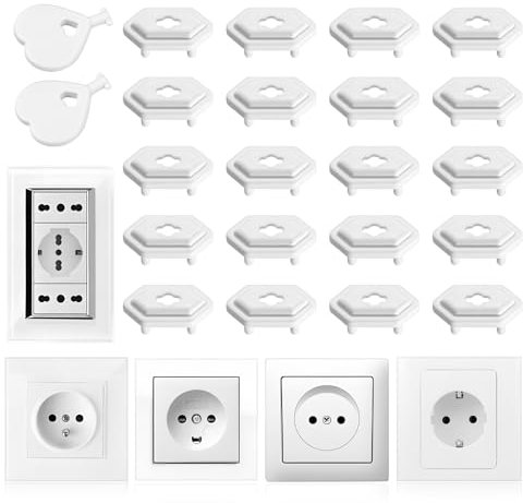 Vinabo 20PCS copri prese corrente bambini con 2 chiavi, Copri presa elettrica universale per sicurezza bambini, Protezione presa elettrica per bambini per uso domestico (Bianco)