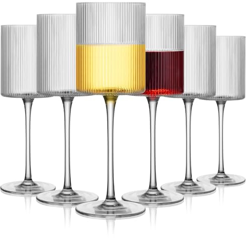 LUXULISH Lot de 6 verres à vin carrés côtelés en verre soufflé à la main – Verres à vin blanc rouge vintage de 380,5 g – Verres à vin en cristal soufflé à la main – Cadeaux pour femme, homme, mariage