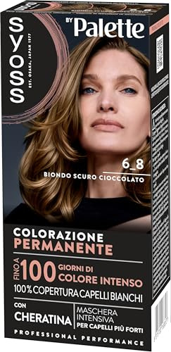 Syoss by Palette Colorazione Permanente 6-8 Biondo Scuro Cioccolato, Colorazione capelli permanente con Cheratina, per 100% copertura dei capelli bianchi, fino a 100 giorni di colore