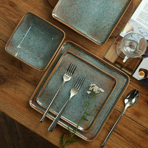 Golonger Quadratisches Melamin-Geschirr-Set, 12-teilig, quadratische Teller und Schüsseln, unzerbrechliches Geschirr-Set für 4, leicht, spülmaschinenfest und BPA-frei, geeignet für Wohnmobil, Camping