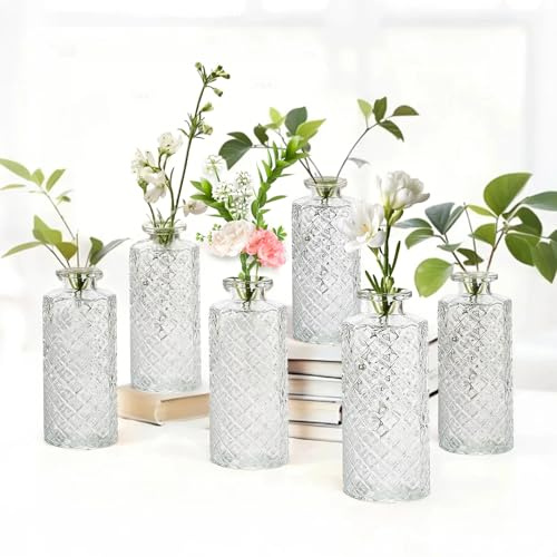 6 Stück Diamant Vasen Knospen Deko Vintage Glas für Blumen, Boho-Pampasgras Dekor Geprägte Rustikale für Tischdeko Hochzeiten Partydekorationen (Transparente Farbe)