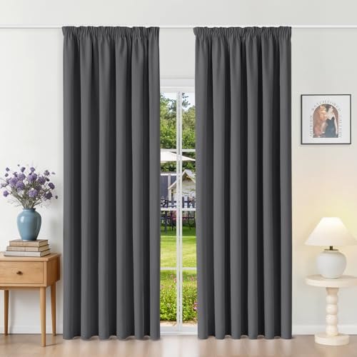 Runyéla Gardiner med veckband, termogardiner, köldskydd, gardiner, ogenomskinliga, 245 x 200 (H x B), mörkgrå, set om 2, mörkläggningsgardiner för skensystem, skjutgardiner för vardagsrum, gardin