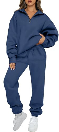 JFAN Sportivo Donna Completo Casual Felpa Lunga con Mezza Zip Due Pezzi Pantaloni Sportivi Tuta Donna Sportiva in Tinta Unita Navy L