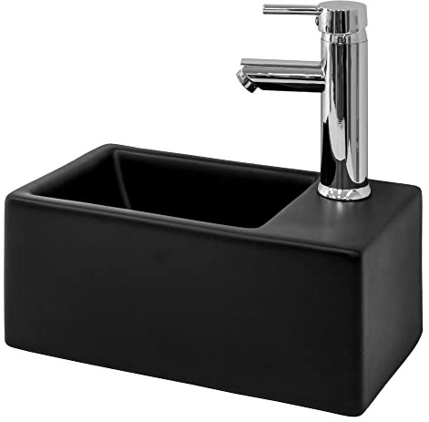LuxeBath Waschbecken aus Keramik, Schwarz, 355x205x125 mm, rechteckig, Einbauwaschbecken mit Hahnloch rechts, Wandmontage, Aufsatzwaschbecken klein, Waschtisch Waschschale Waschplatz Handwaschbecken