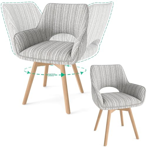 WAFTING Juego de 2 Sillas de Comedor Giratorias 360° con Reposabrazos y Patas de Madera, Silla Moderna Acolchada con Respaldo de Tela para Cocina, Salón o Dormitorio, Café Claro